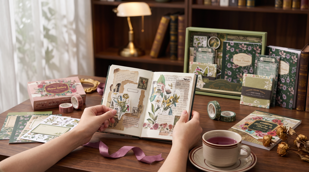 Hands creating a botanical journal page with Memory Garden materials
