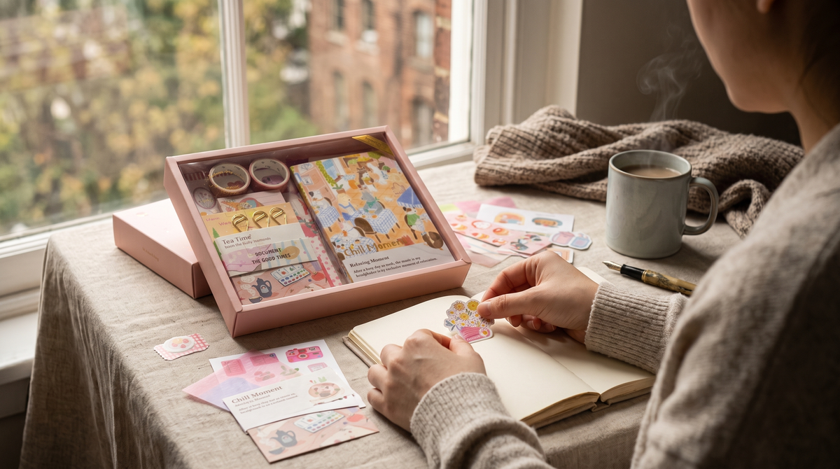 A cozy beginner journaling ritual by a warm window, featuring the Slow Sunday creative set