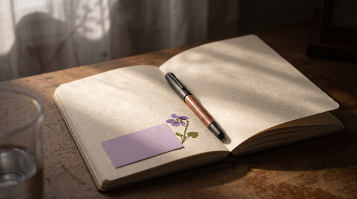 A calm blank journal with a single prompt card, ready for an easy first entry