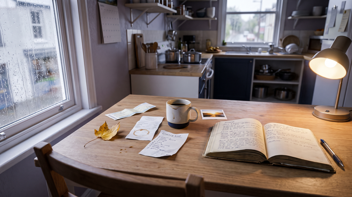 An everyday-life journal spread made from receipts, lists, and small ordinary moments