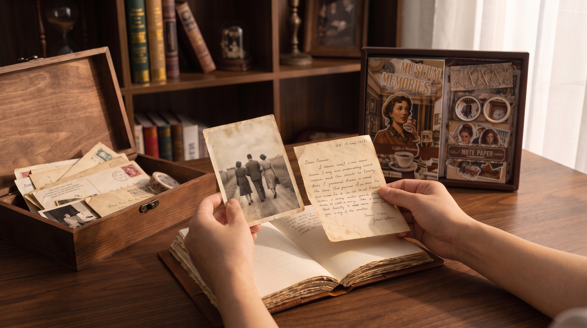 A memory-keeping journal scene with photographs, keepsakes, and the Coffeehouse and Museum set