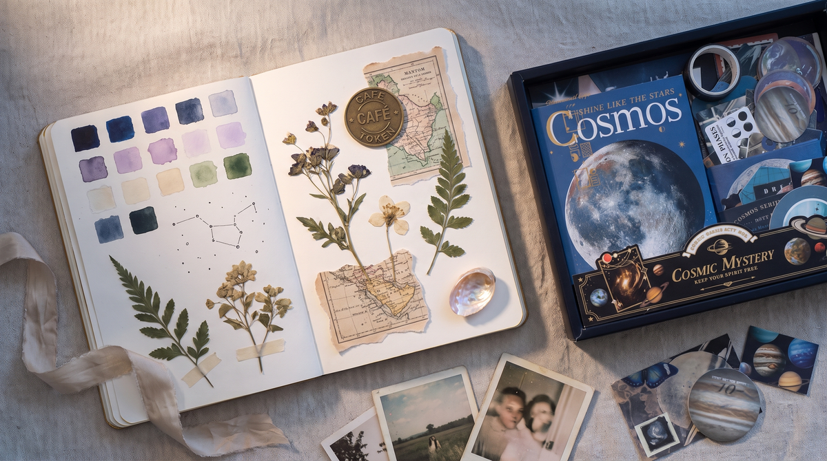 A cabinet-of-curiosities journal spread featuring the Cosmic Mystery set
