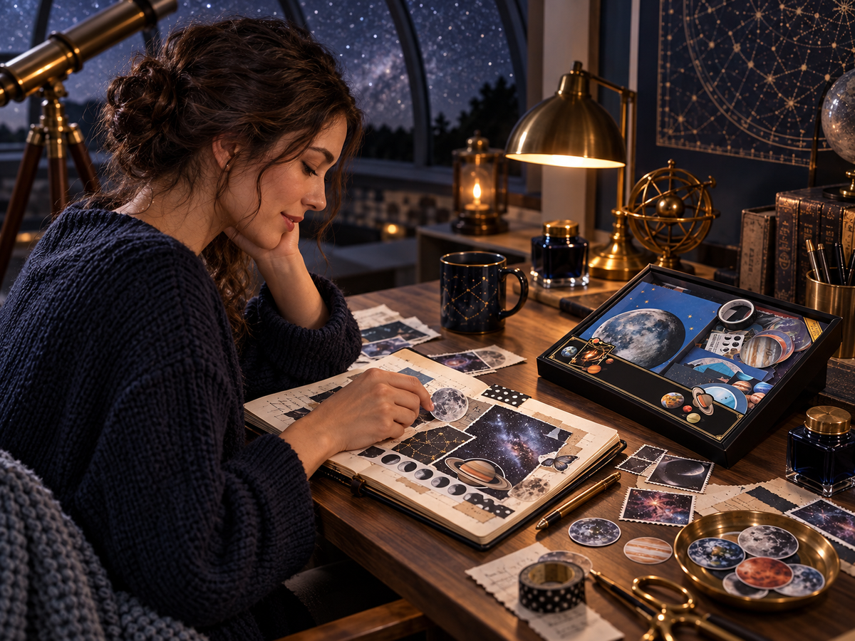 cosmic mystery journaling story scene