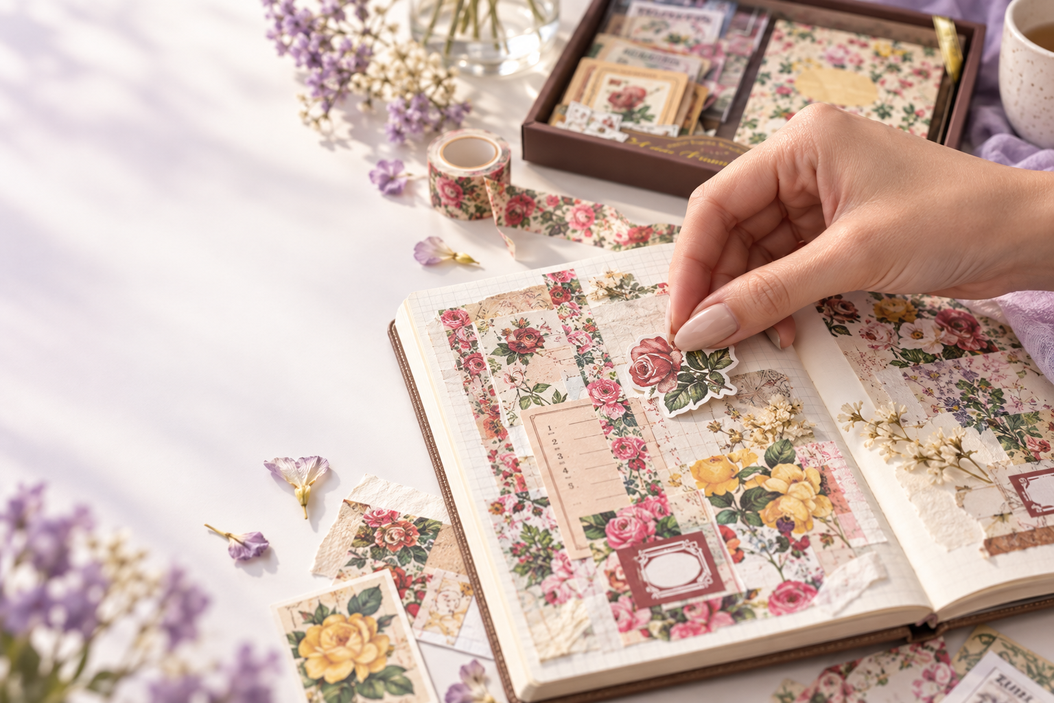 A manicured hand adding a floral sticker to a botanical journal