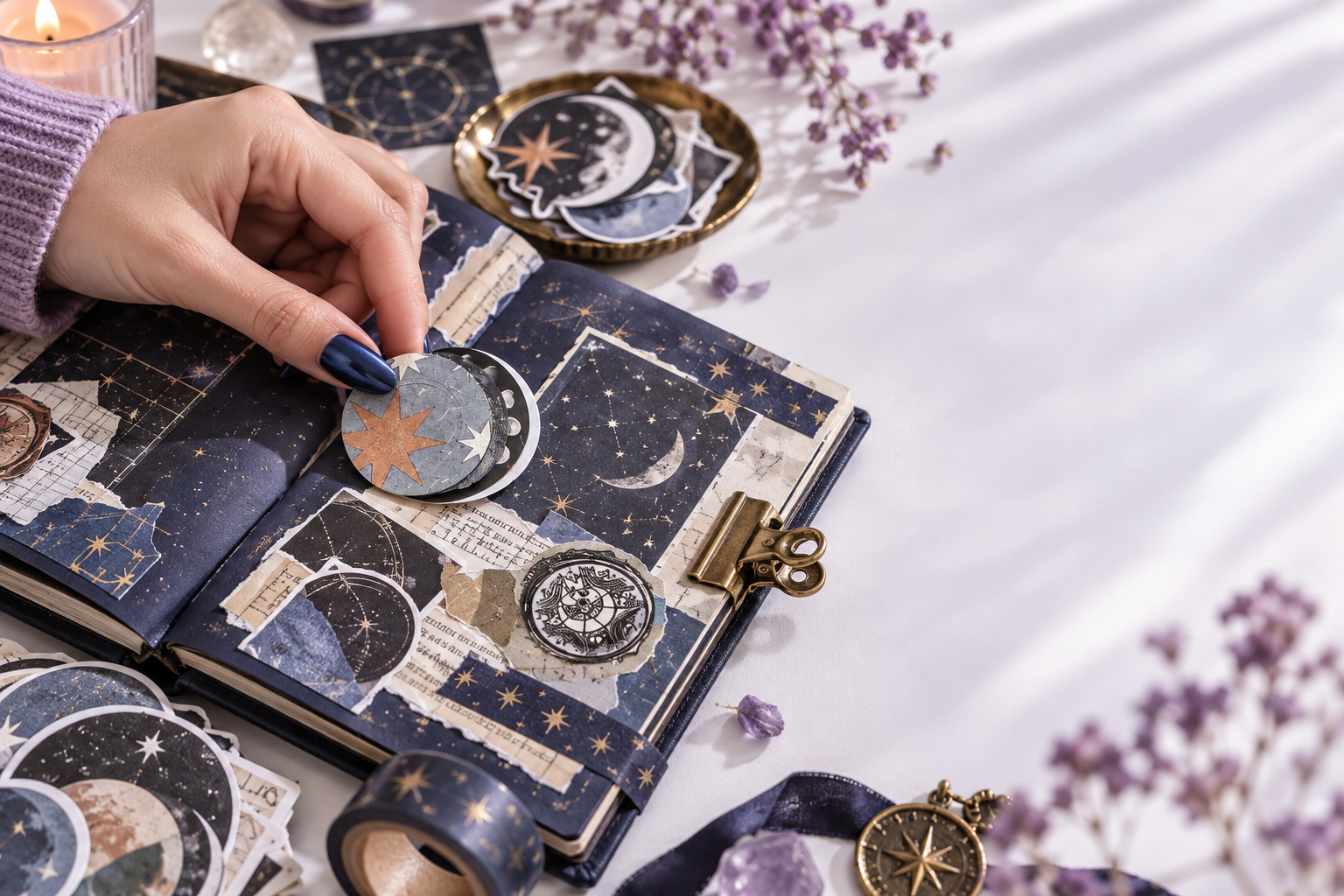 A midnight-blue manicured hand placing a moon sticker in a celestial journal