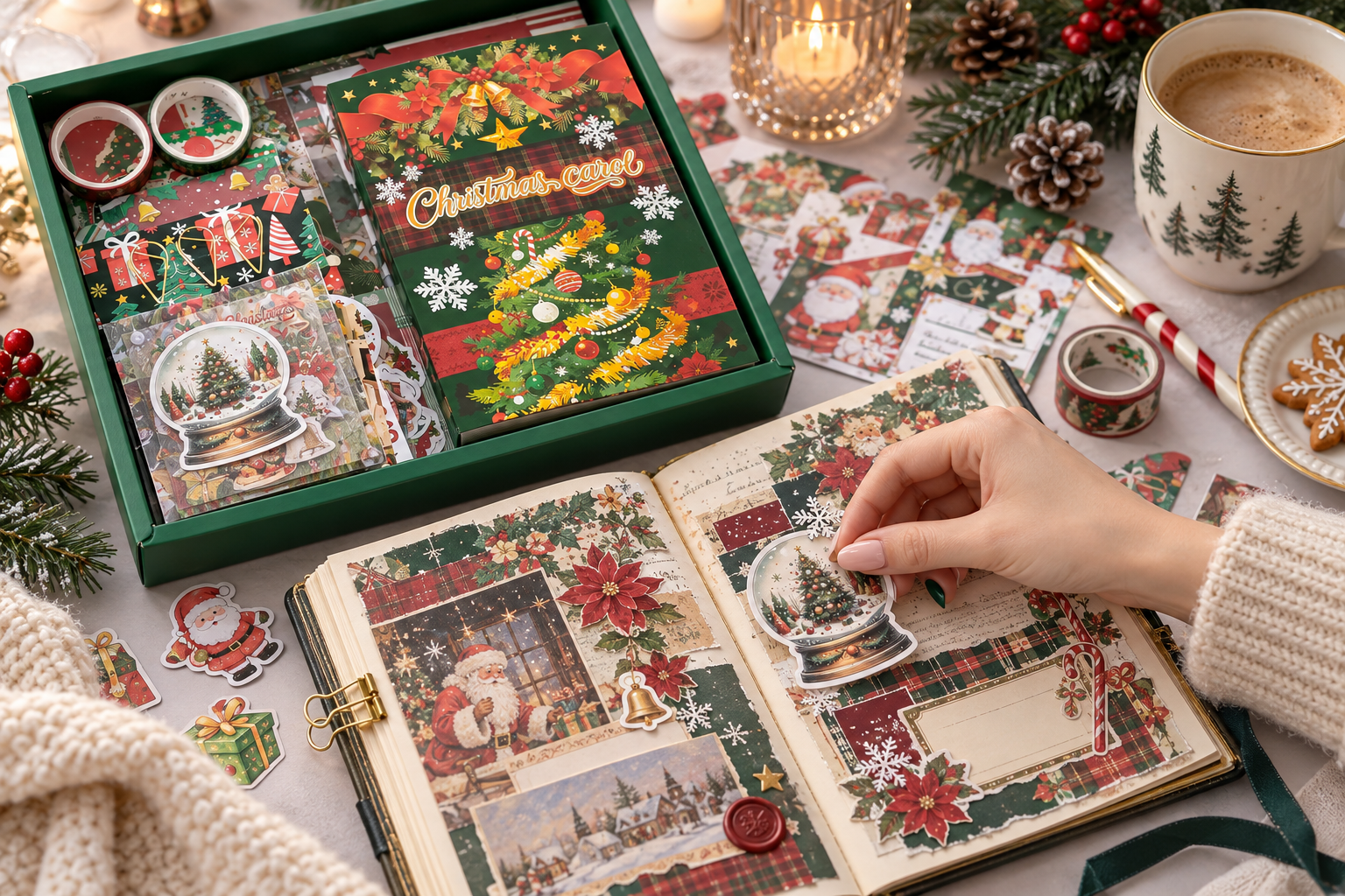 A manicured hand placing a Christmas sticker into a festive journal spread