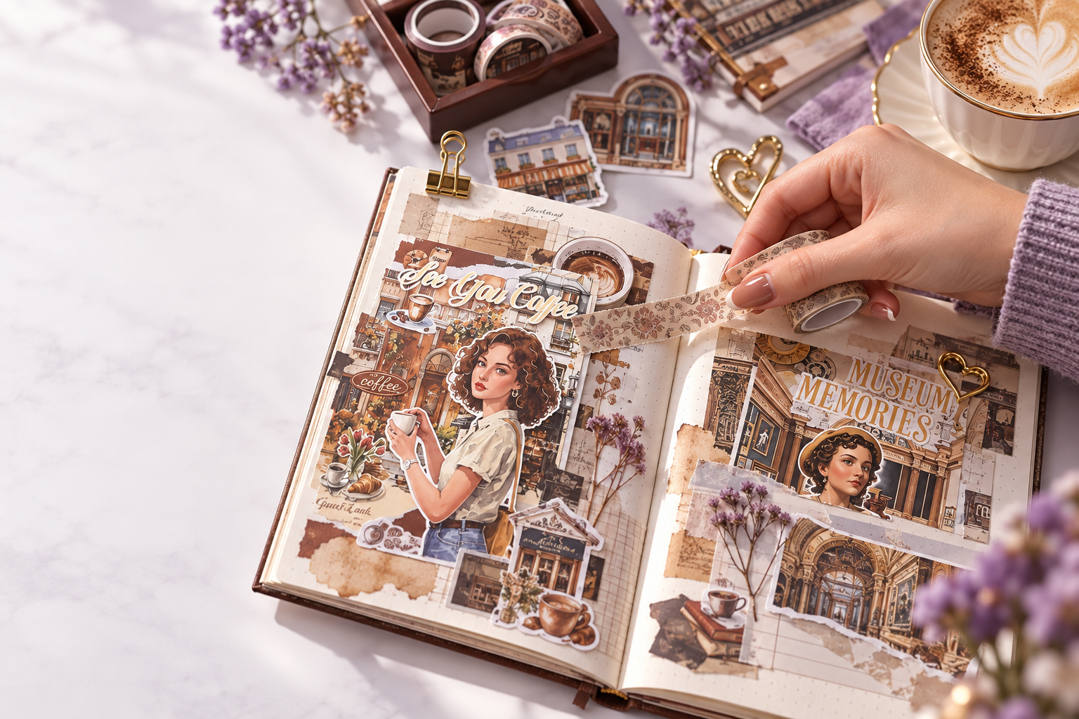 A manicured hand layering café paper details into a cozy journal