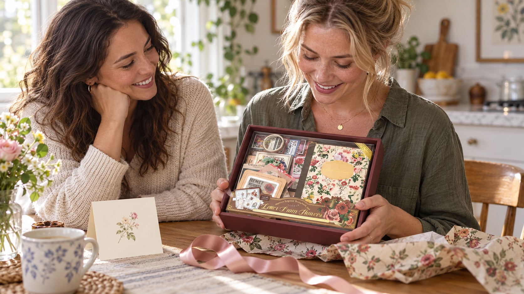 A thoughtful floral journal kit being opened as a gift