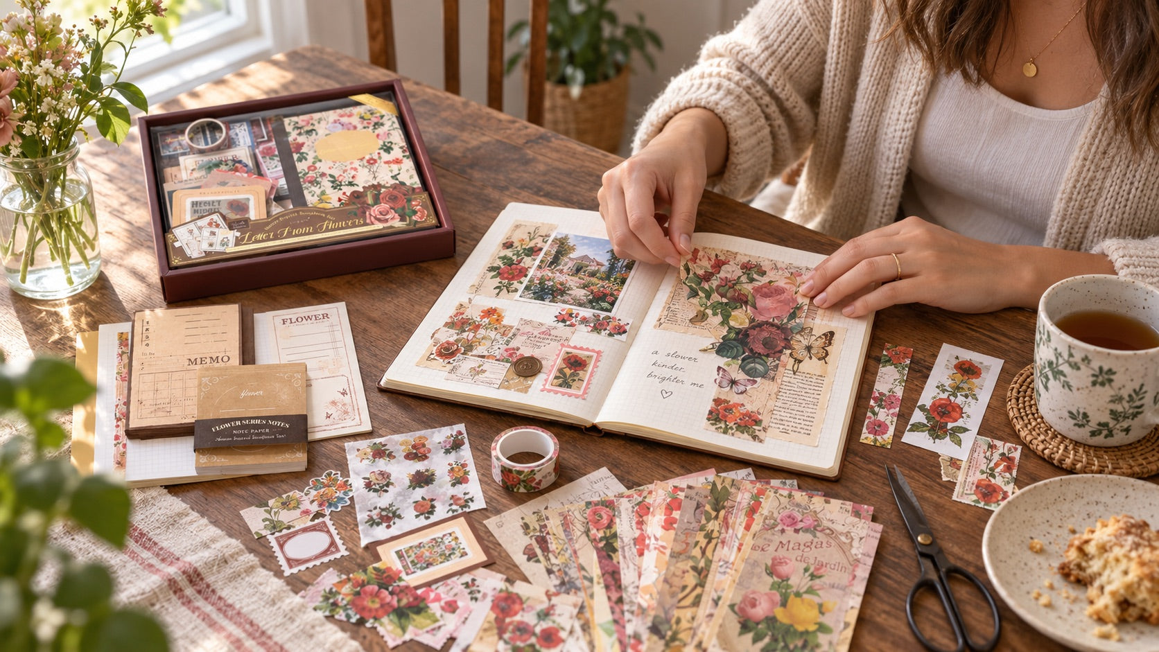 A woman beginning a page with the floral journal kit