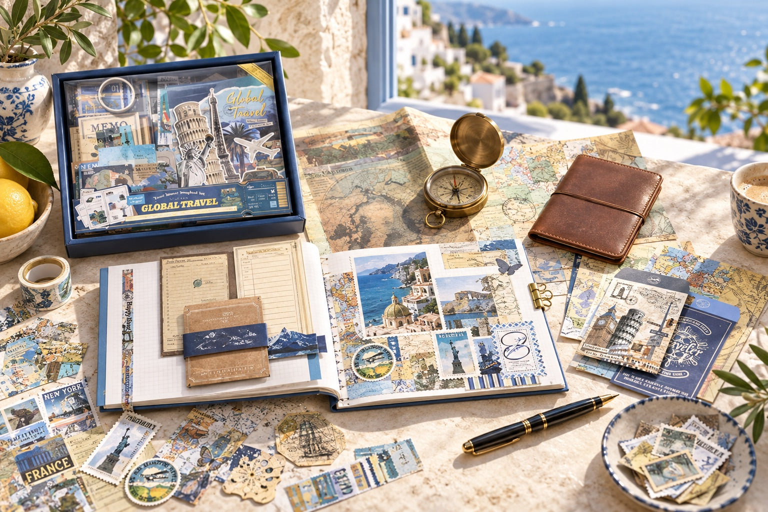 A styled editorial view of a person using a themed journaling kit